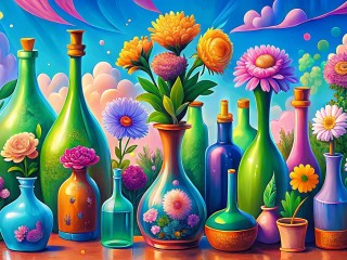 Пазл «Бутылки и цветы»