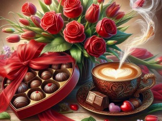 Пазл «Кофе, конфеты и цветы»