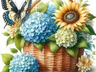 Пазл «Корзина с цветами и бабочка»