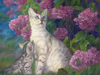 Пазл «Кошки и сирень»
