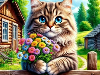Пазл «Кот с букетом»