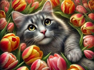 Пазл «Кот в тюльпанах»