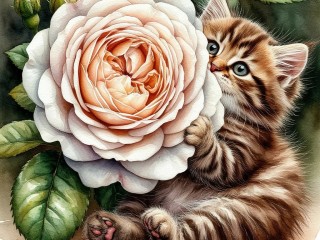 Пазл «Котенок и роза»