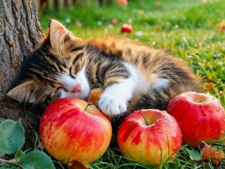 Пазл «Котёнок и яблоки»