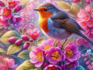 Пазл «Малиновка и цветы»