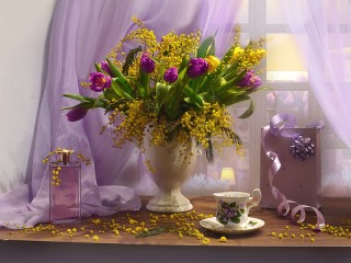 Пазл «Мимоза и тюльпаны»