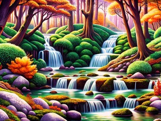 Пазл «Водопад в красном лесу»