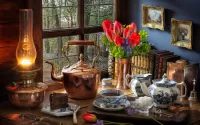 Пазл Чайник и тюльпаны