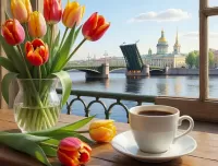 Пазл Чашка кофе и тюльпаны 
