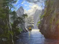 Пазл Корабль между скал