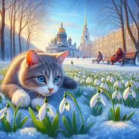 Пазл Кот и подснежники