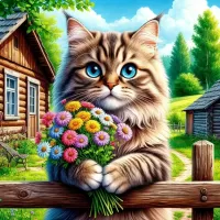 Пазл Кот с букетом