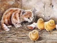 Пазл Котенок и цыплята