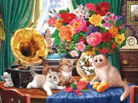 Пазл Котята и букет