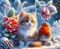 Пазл Котёнок и малиновка