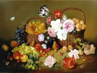 Пазл Натюрморт с розами и фруктами 