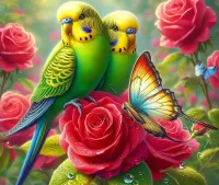 Пазл Попугайчики и розы