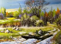 Пазл Птицы у ручья