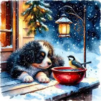 Пазл Щенок и синица