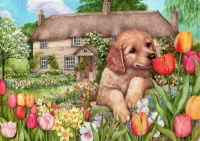 Пазл Щенок и тюльпаны