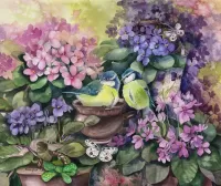 Пазл Синицы и цветы