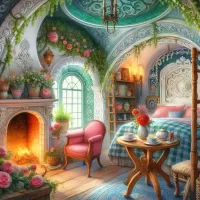 Пазл Спальня с камином