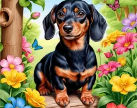 Пазл Такса и цветы