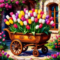 Пазл Тележка с тюльпанами