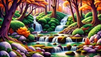Пазл Водопад в красном лесу