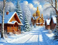Пазл Зимой в деревне